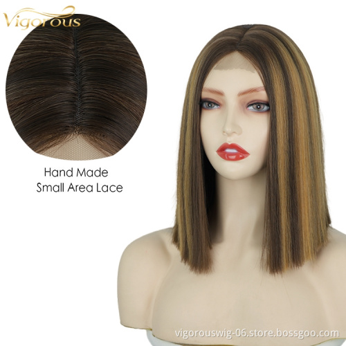 Highlight Short Bob Wigs Blonde Brown Lace Wigs for Black Women Synthetic Hair Straight Middle Part Colored Cut Wig 150 Density